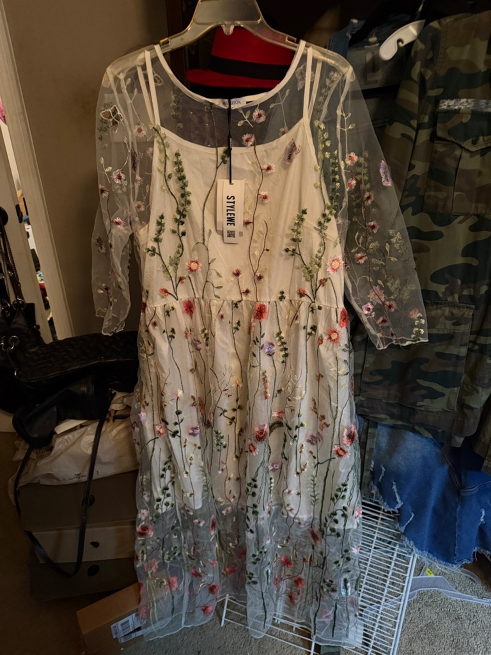 STYLEWE Cream Embroidered Floral Midi Dress